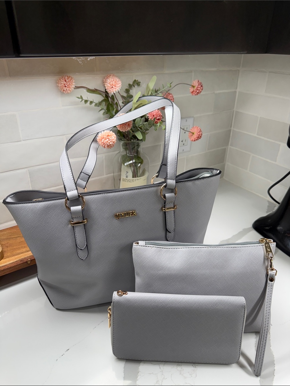 QIYUER Three-Piece Tote Zip Bag Set with Wallet and Pouch Wristlet